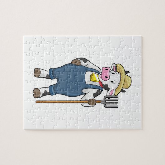 Koe als landbouwer met Pitchfork Legpuzzel (Horizontaal)