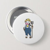 Koe als landbouwer met Pitchfork Ronde Button 7,6 Cm (Voorkant /achterkant)
