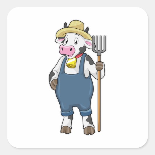 Koe als landbouwer met Pitchfork Vierkante Sticker (Voorkant)