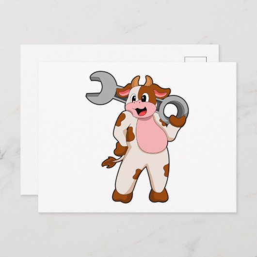 Koe als mechanisch met moersleutel briefkaart (Voorkant / Achterkant)