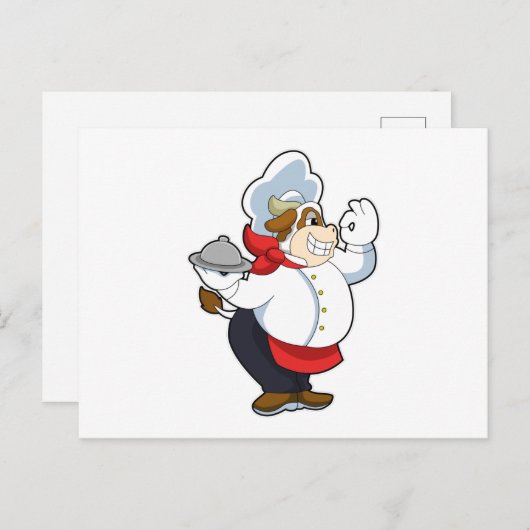 Koe als ober met dienblad briefkaart (Voorkant / Achterkant)