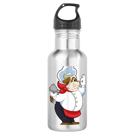 Koe als Ober met Serving bord Waterfles (Voorkant)