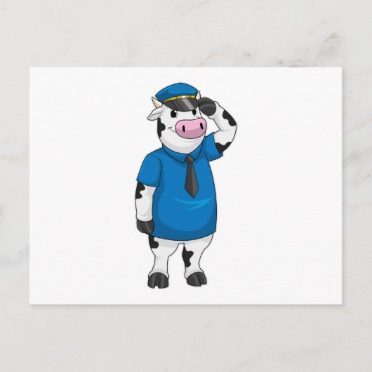 Koe als politieagent met pet van politie briefkaart (Voorkant)