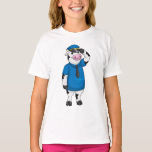 Koe als politieagent met pet van politie t-shirt