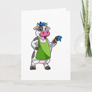Koe als schilder met verf en schort kaart