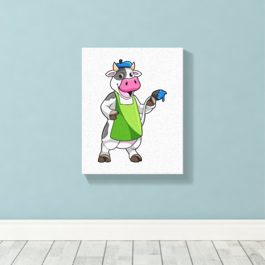 Koe als schilder met verf & pron canvas afdruk (Insitu (Houten vloer))