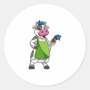 Koe als schilder met verf & pron ronde sticker