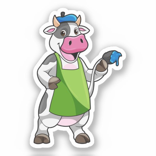 Koe als schilder met verf & pron sticker (Voorkant)