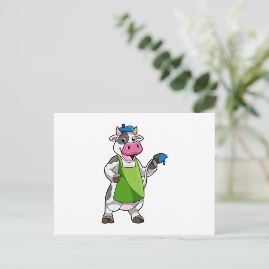 Koe als Schilder met Verf & Schort Briefkaart (Staand voorkant)