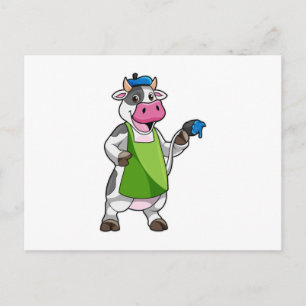 Koe als schilder met verf & schort briefkaart