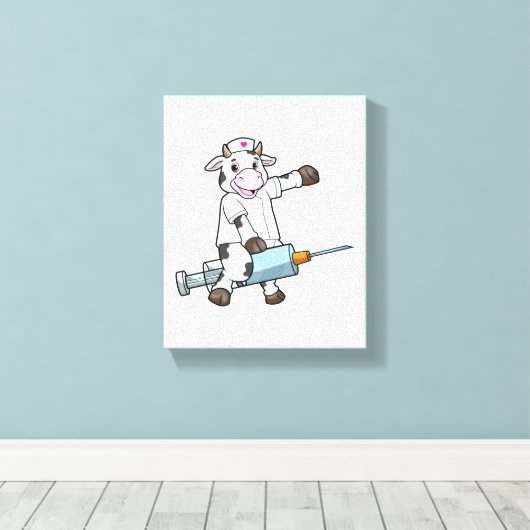 Koe als verpleegster met hart en spuit canvas afdruk (Insitu (Houten vloer))