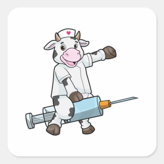 Koe als verpleegster met hart en spuit vierkante sticker (Voorkant)