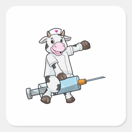 Koe als verpleegster met hart en spuit vierkante sticker (Voorkant)