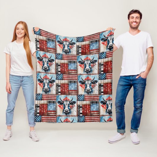 Koe Amerikaanse vlag volkskunst Fleece Deken (In situ)