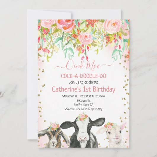 Koe Animal Oink Moo Cockadoodle Doo Birthday Kaart (Voorkant)