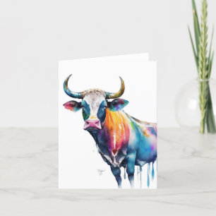 Koe B Portret in Waterverven & Pen Feestdagen Kaart