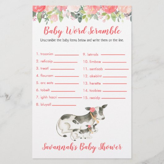 Koe Baby shower Baby Word Scramble Game (Voorkant)