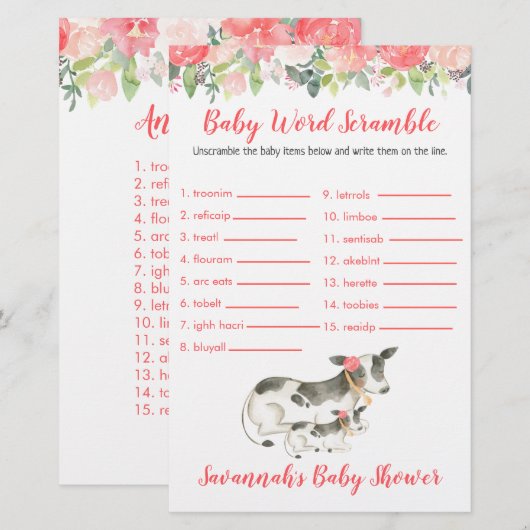 Koe Baby shower Baby Word Scramble Game (Voorkant / Achterkant)