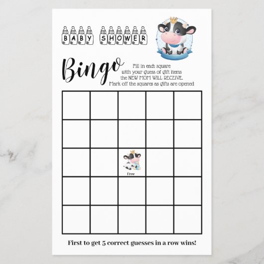 Koe Baby shower Beauful Dream Bingo Game Kaart (Voorkant)