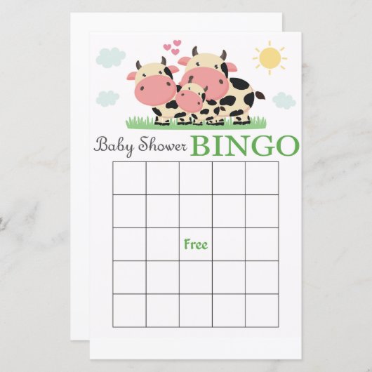 Koe baby shower bingo-kaart (Voorkant / Achterkant)