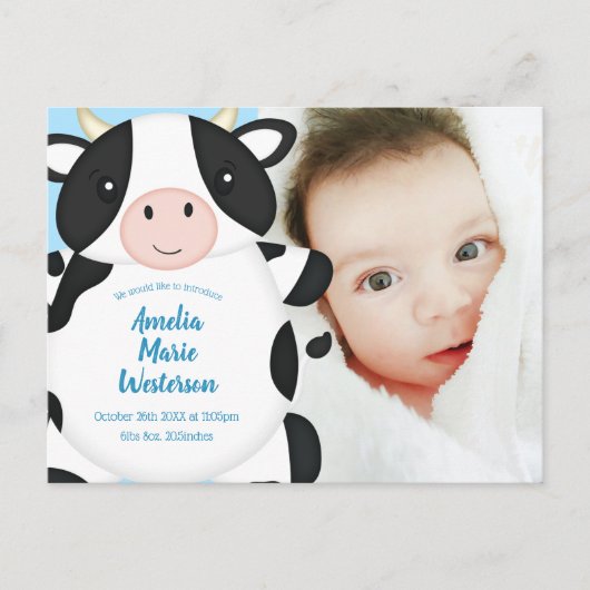 Koe Baby shower blauw Briefkaart (Voorkant)