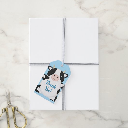 Koe Baby shower blauw Cadeaulabel (Met Touw)