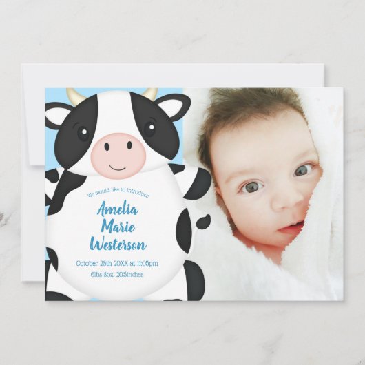 Koe Baby shower blauw Kaart (Voorkant)