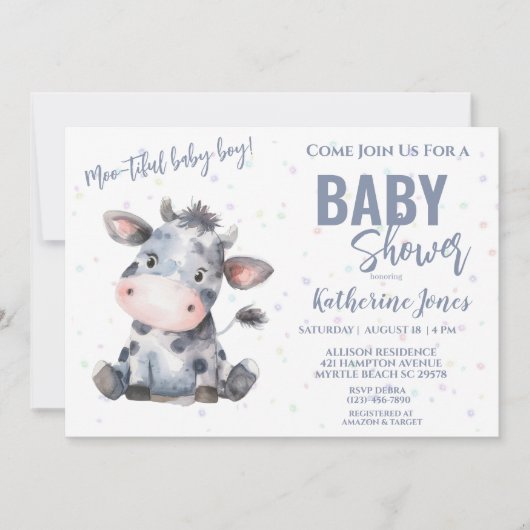 Koe Baby shower Dusty Blue Boy Boerderij Kaart (Voorkant)