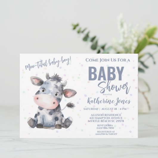 Koe Baby shower Dusty Blue Boy Boerderij Kaart (Staand voorkant)