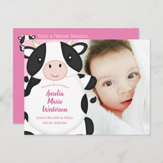 Koe Baby shower Roze Briefkaart (Voorkant / Achterkant)
