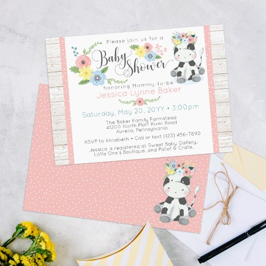Koe Baby shower | Schattige Bloemenkalf op Rustiek Kaart