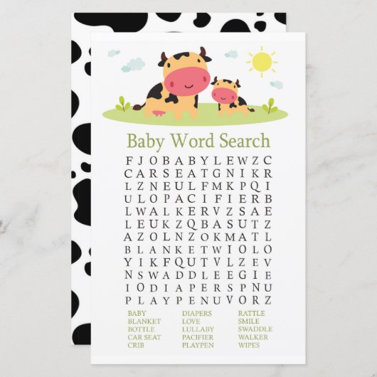 Koe Baby shower Word Search Game (Voorkant / Achterkant)