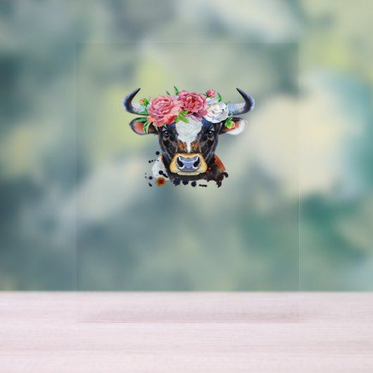 Koe bekroond met bloemen Classic T-Shirt Acryl Bord (Neutraal)