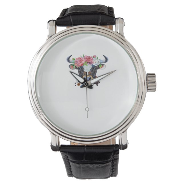 Koe bekroond met bloemen Classic T-Shirt Horloge (Voorkant)