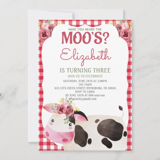 Koe Birthday Farm Animals Bartuin Kaart (Voorkant)
