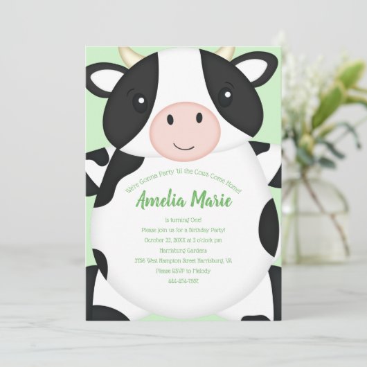 Koe Birthday Party Green Kaart (Staand voorkant)