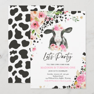 Koe Birthday Party Pink Floral Boerderij Ranch Bir Kaart