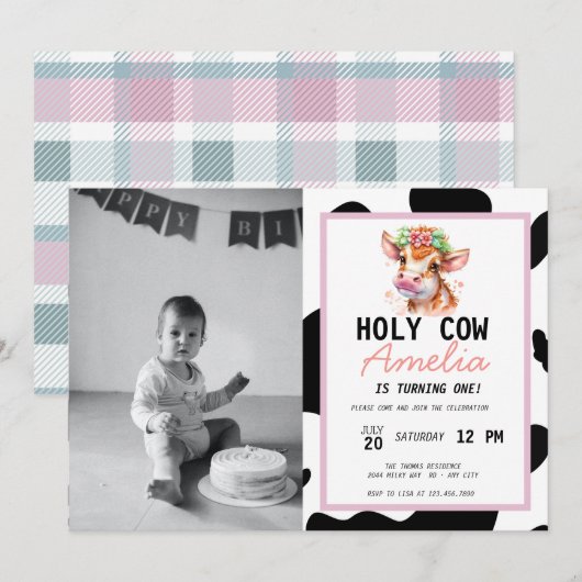 Koe Birthday Uitnodiging (Voorkant / Achterkant)