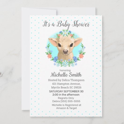 Koe Blauwe bogen Floral Baby shower Kaart (Voorkant)