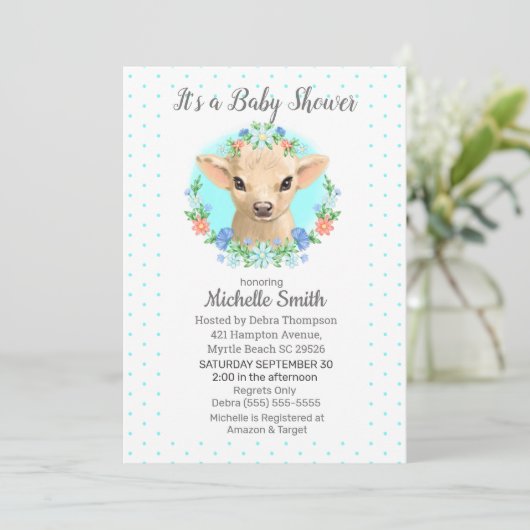 Koe Blauwe bogen Floral Baby shower Kaart (Staand voorkant)
