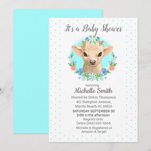 Koe Blauwe bogen Floral Baby shower Kaart (Voorkant / Achterkant)