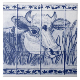 Koe Blue White Art Dedham Delft Trivet Tegeltje