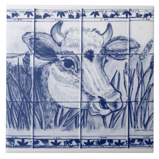  Koe Blue White Art Dedham Delft Trivet Tegeltje (Voorkant)