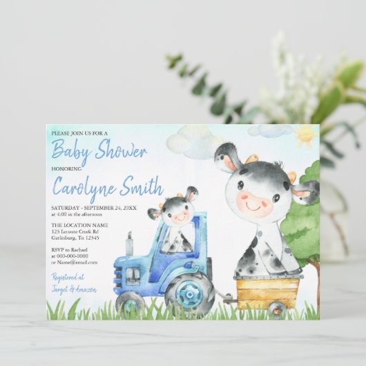 Koe Boerderij Baby shower Invitation Boy Kaart (Staand voorkant)