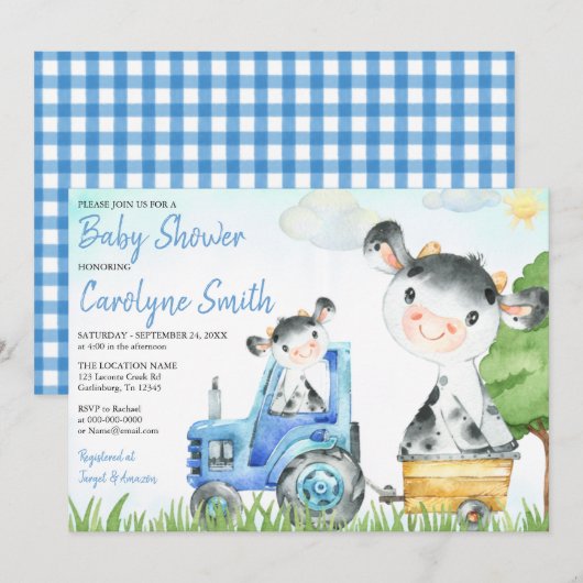 Koe Boerderij Baby shower Invitation Boy Kaart (Voorkant / Achterkant)
