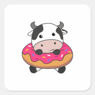 Koe Boerderij Dier in Donut Kawaii Koeien Donuts Vierkante Sticker