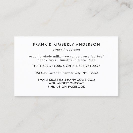 Koe Boerderij Holstein Dairy Waterverf Visitekaartje (Achterkant)