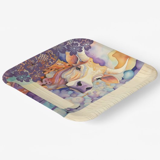 Koe Boerderij Paarse Papieren Bordje (Gebogen)