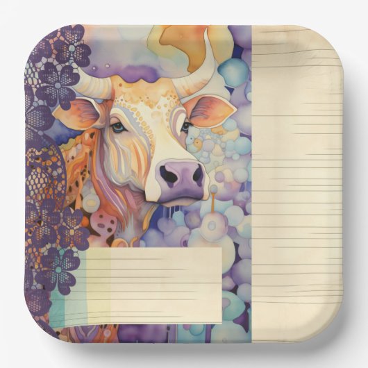 Koe Boerderij Paarse Papieren Bordje (Voorkant)