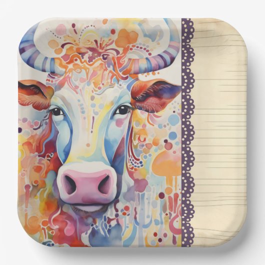 Koe Boerderij Paarse Papieren Bordje (Voorkant)